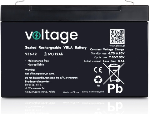 Akumulator AGM Voltage 6V 12Ah VE6-12 (Żywotność 6-9 lat) Akumulator AGM Voltage 6V 12Ah VE6-12 (Żywotność 6-9 lat)