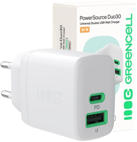 ŁADOWARKA SIECIOWA Greencell PowerSource Duo30 30W 1xUSB-C 1xUSB-A PD 3.0 QC 4.0+ biała ŁADOWARKA SIECIOWA Greencell PowerSource Duo30 30W 1xUSB-C 1xUSB-A PD 3.0 QC 4.0+ biała