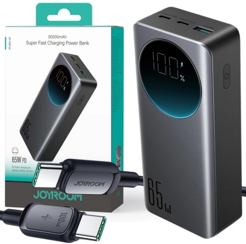 Powerbank Joyroom Digital Display JR-PBF05 30000mAh 65W PD 3.0 QC 3.0 1x USB-A 2x USB-C z kablem Powerbank Joyroom Digital Display JR-PBF05 30000mAh 65W PD 3.0 QC 3.0 1x USB-A 2x USB-C z kablem