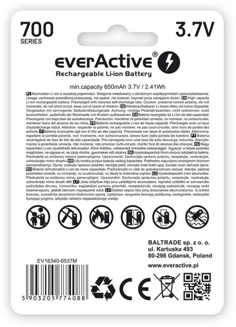 Akumulatorek 16340 / R-CR123 3,7V everActive 700mAh (1 szt.) z zabezpieczeniem Akumulatorek 16340 / R-CR123 3,7V everActive 700mAh (1 szt.) z zabezpieczeniem