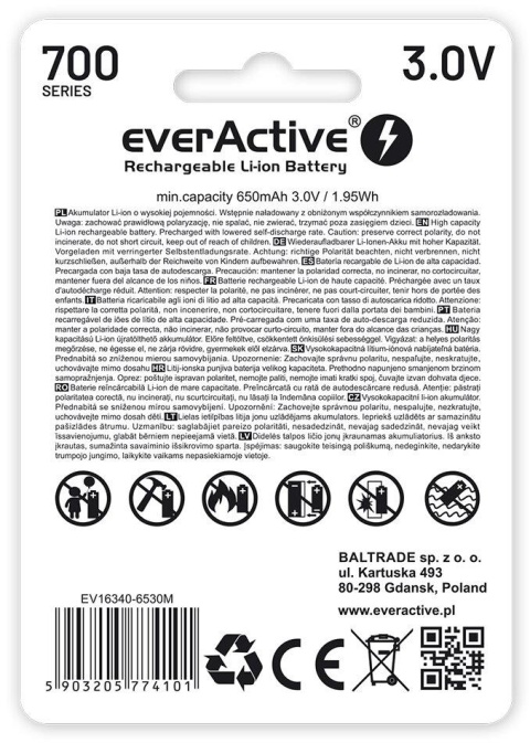 Akumulatorek 16340 / R-CR123 3V everActive 700mAh (1 szt.) z zabezpieczeniem Akumulatorek 16340 / R-CR123 3V everActive 700mAh (1 szt.) z zabezpieczeniem