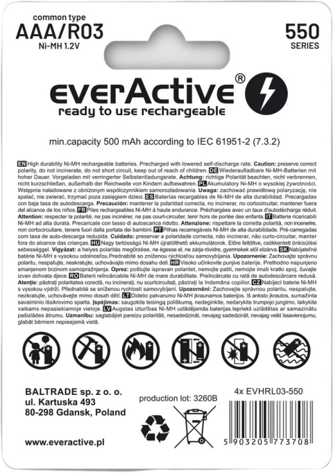 Akumulatorki AAA / R03 Ni-MH everActive 550mAh Infinity Line 3000 cykli (blister 4 szt.) Akumulatorki AAA / R03 Ni-MH everActive 550mAh Infinity Line 3000 cykli (blister 4 szt.)