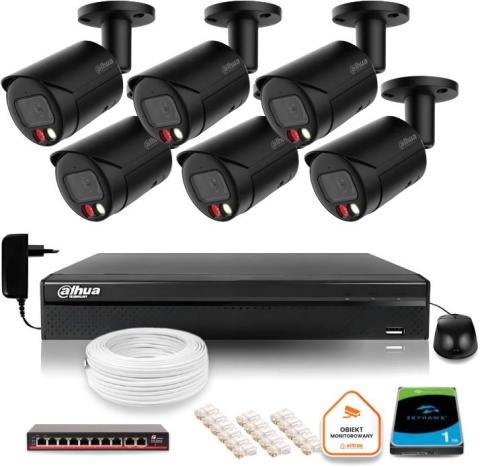 Zestaw monitoringu IP Dahua 4MPx 2K 6 kamer czarnych zewnętrznych z dyskiem 1TB Zestaw monitoringu IP Dahua 4MPx 2K 6 kamer czarnych zewnętrznych z dyskiem 1TB