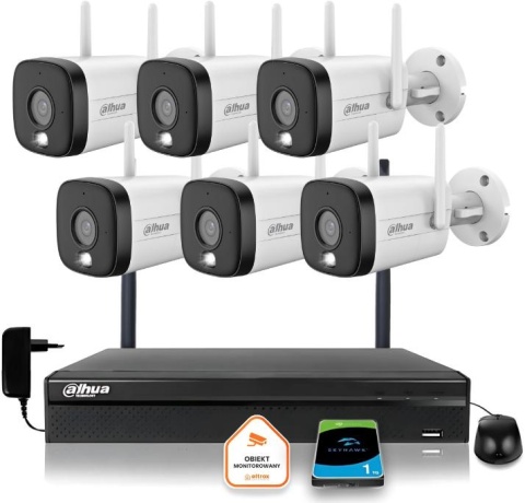 Zestaw monitoringu IP Dahua 6 Kamer WI-FI 3MPxsmart podwójne oświetlenie LED IR do 30m Zestaw monitoringu IP Dahua 6 Kamer WI-FI 3MPxsmart podwójne oświetlenie LED IR do 30m