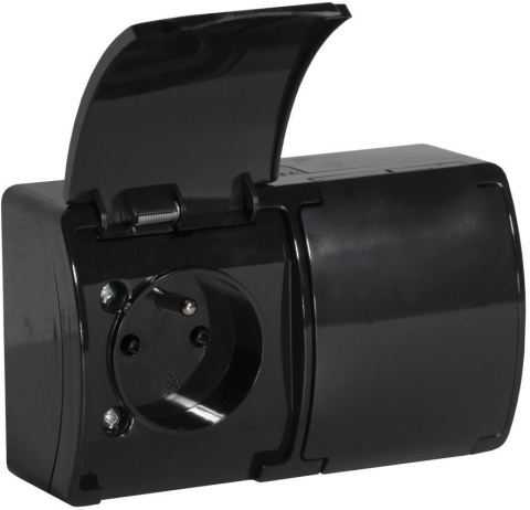 Gniazdo natynkowe podwójne z uziemieniem, z klapką VIPLAST KOALA CZARNE IP44 162-05 Gniazdo natynkowe podwójne z uziemieniem, z klapką VIPLAST KOALA CZARNE IP44 162-05