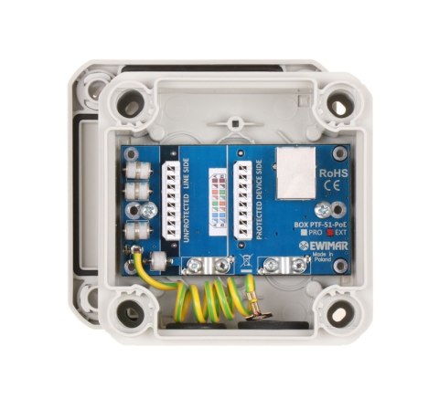 Zewnętrzne zabezpieczenie przeciwprzepięciowe IP serii EXTREME z ochroną PoE EWIMAR BOX-1-PTF-51-EXT/PoE Zewnętrzne zabezpieczenie przeciwprzepięciowe IP serii EXTREME z ochroną PoE EWIMAR BOX-1-PTF-51-EXT/PoE