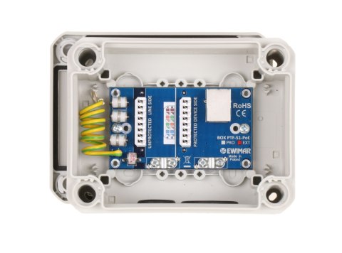 Zewnętrzne zabezpieczenie przeciwprzepięciowe IP serii EXTREME z ochroną PoE EWIMAR BOX-2-PTF-51-EXT/PoE Zewnętrzne zabezpieczenie przeciwprzepięciowe IP serii EXTREME z ochroną PoE EWIMAR BOX-2-PTF-51-EXT/PoE