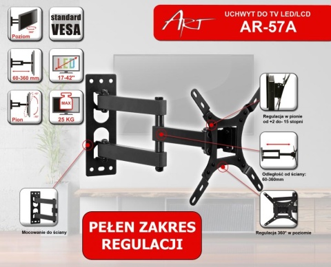 UCHWYT DO TV LCD/LED 17-42" 25KG AR-57A ART reg.pion/poziom UCHWYT DO TV LCD/LED 17-42" 25KG AR-57A ART reg.pion/poziom