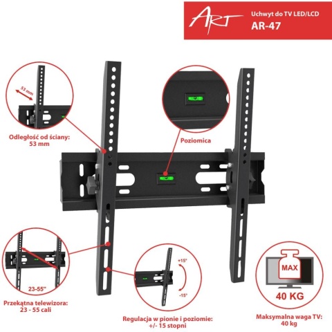 UCHWYT DO TV LCD/LED 23-55" 40KG AR-47 ART reg. w pionie UCHWYT DO TV LCD/LED 23-55" 40KG AR-47 ART reg. w pionie