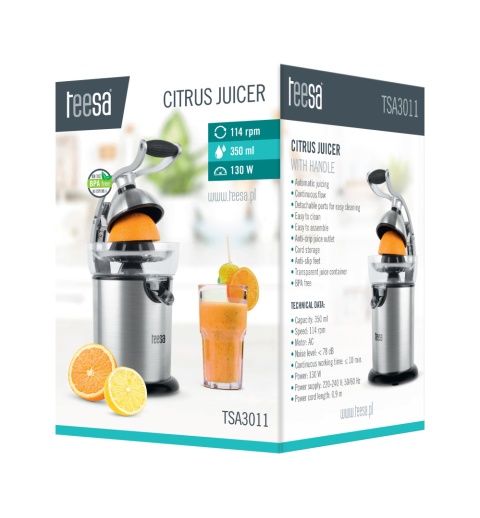 Wyciskarka do cytrusów Teesa 130W stal nierdzewna łatwe czyszczenie 350 ml Wyciskarka do cytrusów Teesa 130W stal nierdzewna łatwe czyszczenie 350 ml