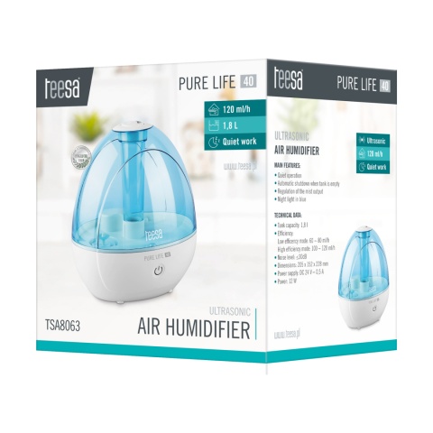 Ultradźwiękowy nawilżacz powietrza TEESA PURE LIFE 40 cichy lampka automat